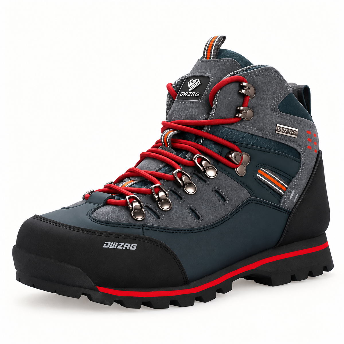 Chaussure randonnée cramponnable gris et rouge – vue trois-quarts sur fond blanc