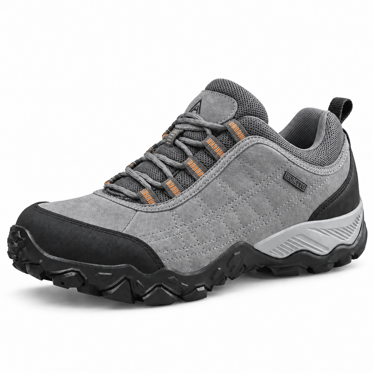 Chaussure de randonnée en cuir imperméable femme grise HUMTTO sur fond blanc chaud
