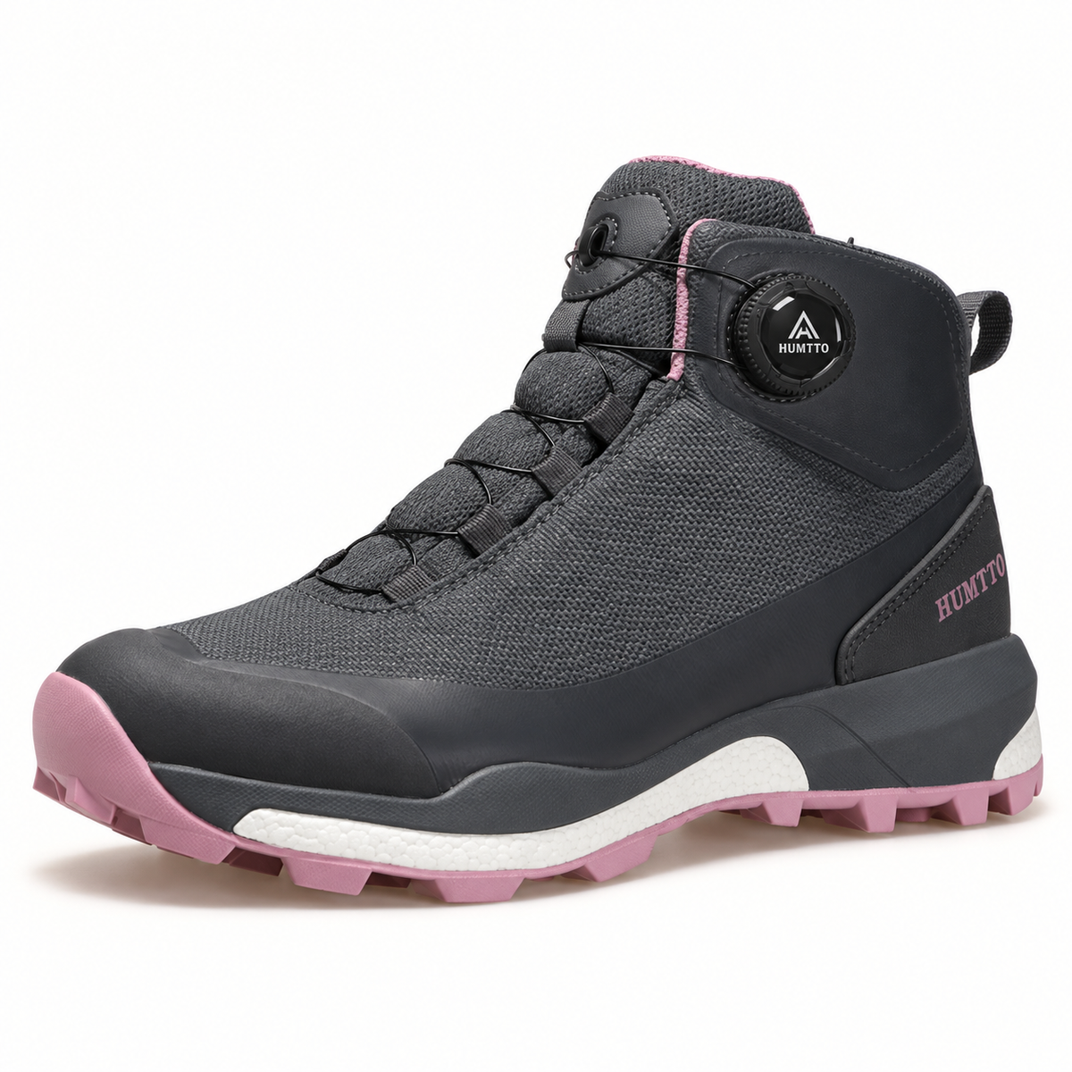 Chaussure de randonnée femme orthopédique gris foncé et rose en vue trois-quarts