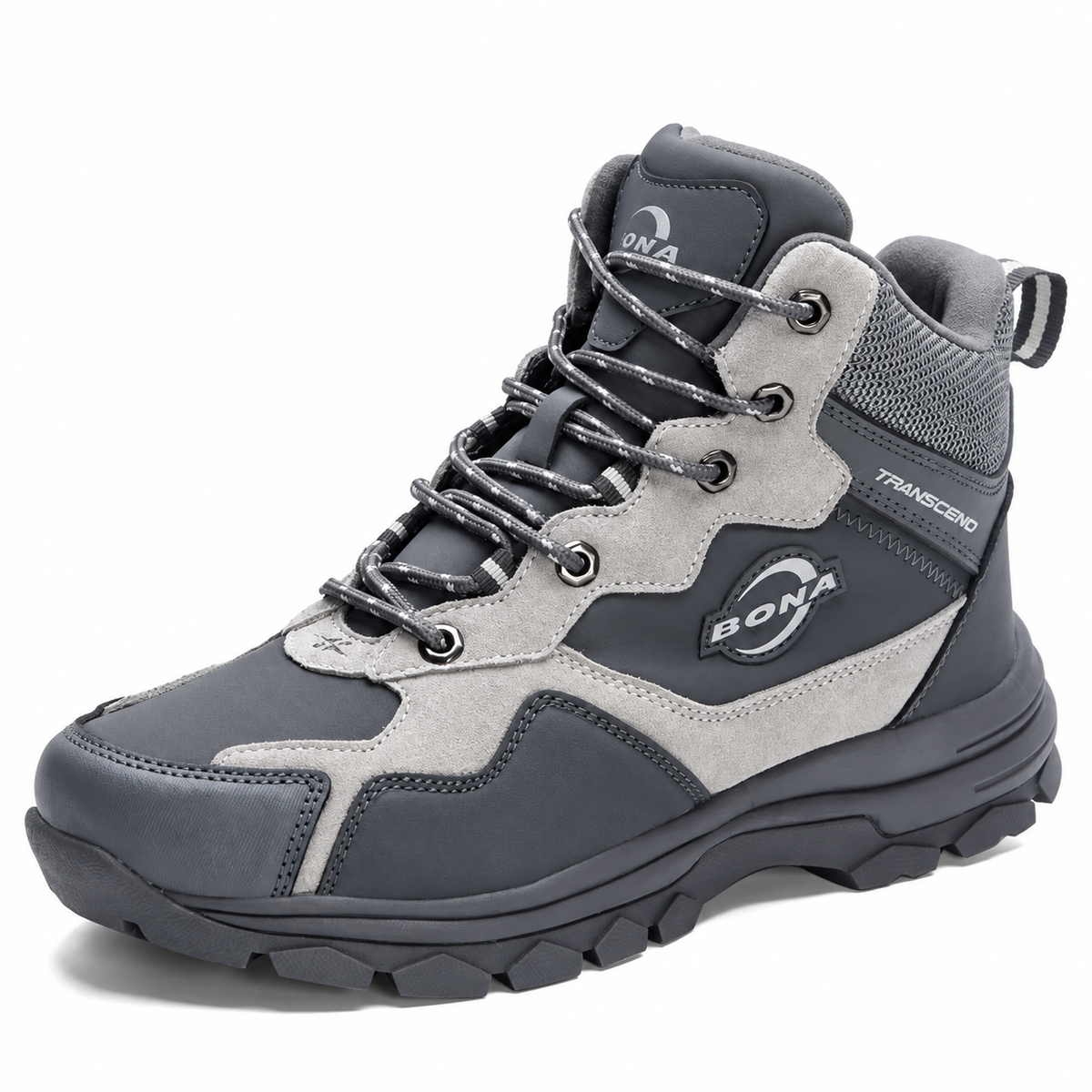 Chaussure randonnée grande taille grise – vue trois-quarts sur fond blanc
