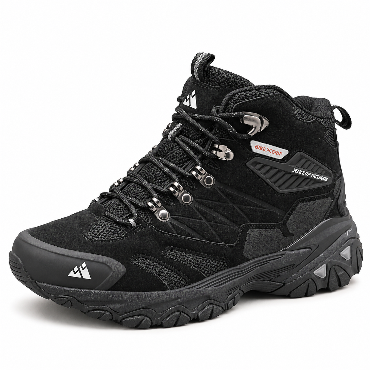 Chaussure de randonnée homme haut de gamme noire en vue trois-quarts sur fond blanc