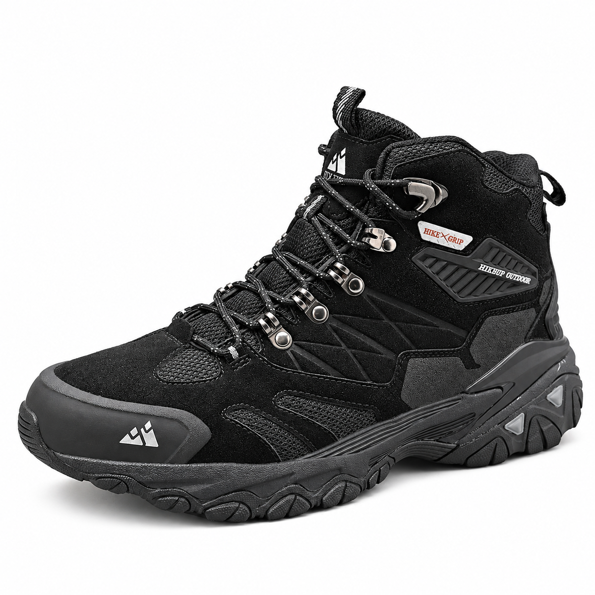 Chaussure de randonnée mid cuir noire en vue trois-quarts sur fond blanc