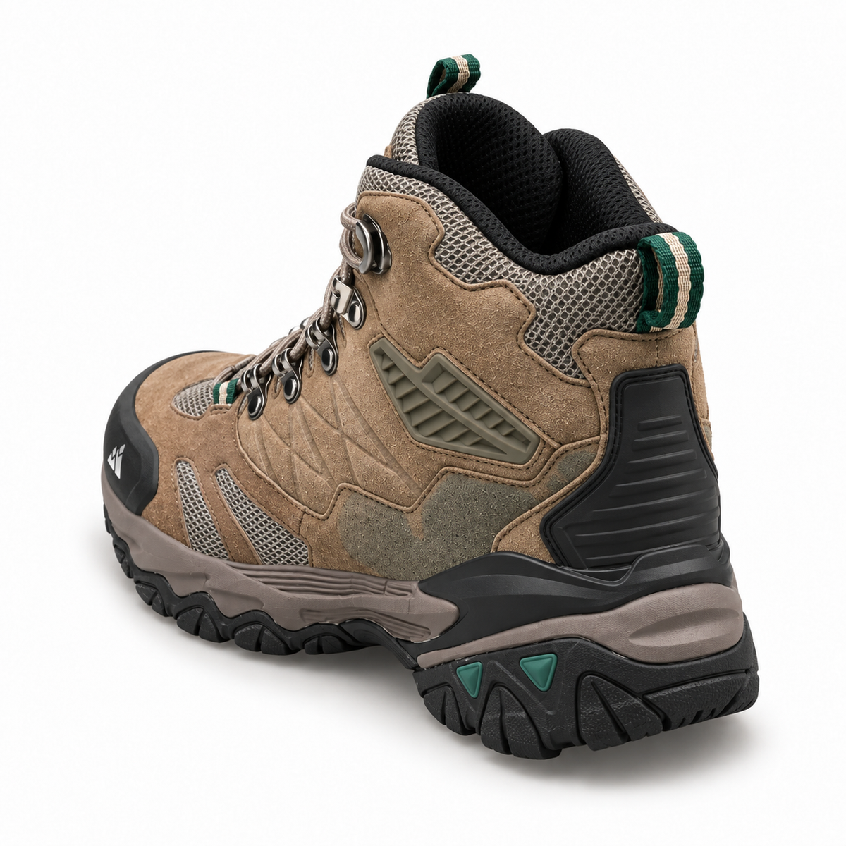 Vue arrière de la chaussure randonnée militaire kaki montrant le talon et le contrefort