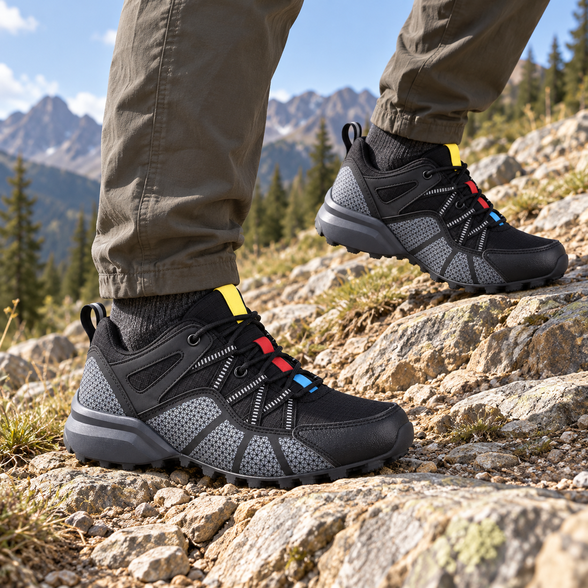 Paire de chaussures randonnée rapide Noires portée en montée sur un sentier rocheux de montagne