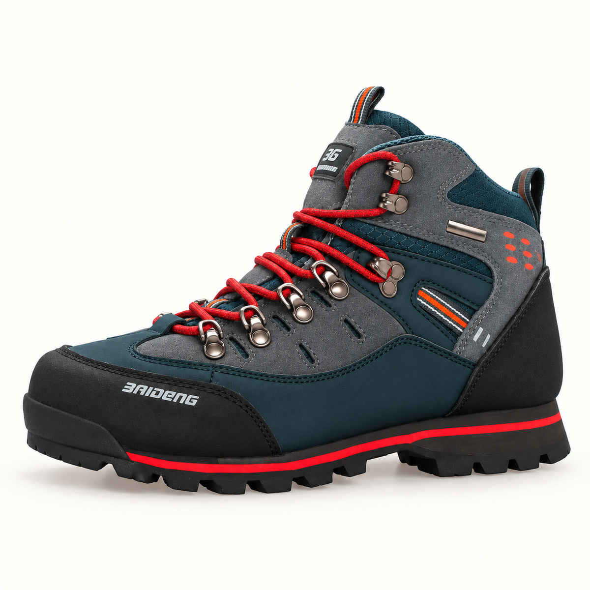 Chaussure randonnée rouge homme vue de profil, hauteur de cheville et semelle visibles