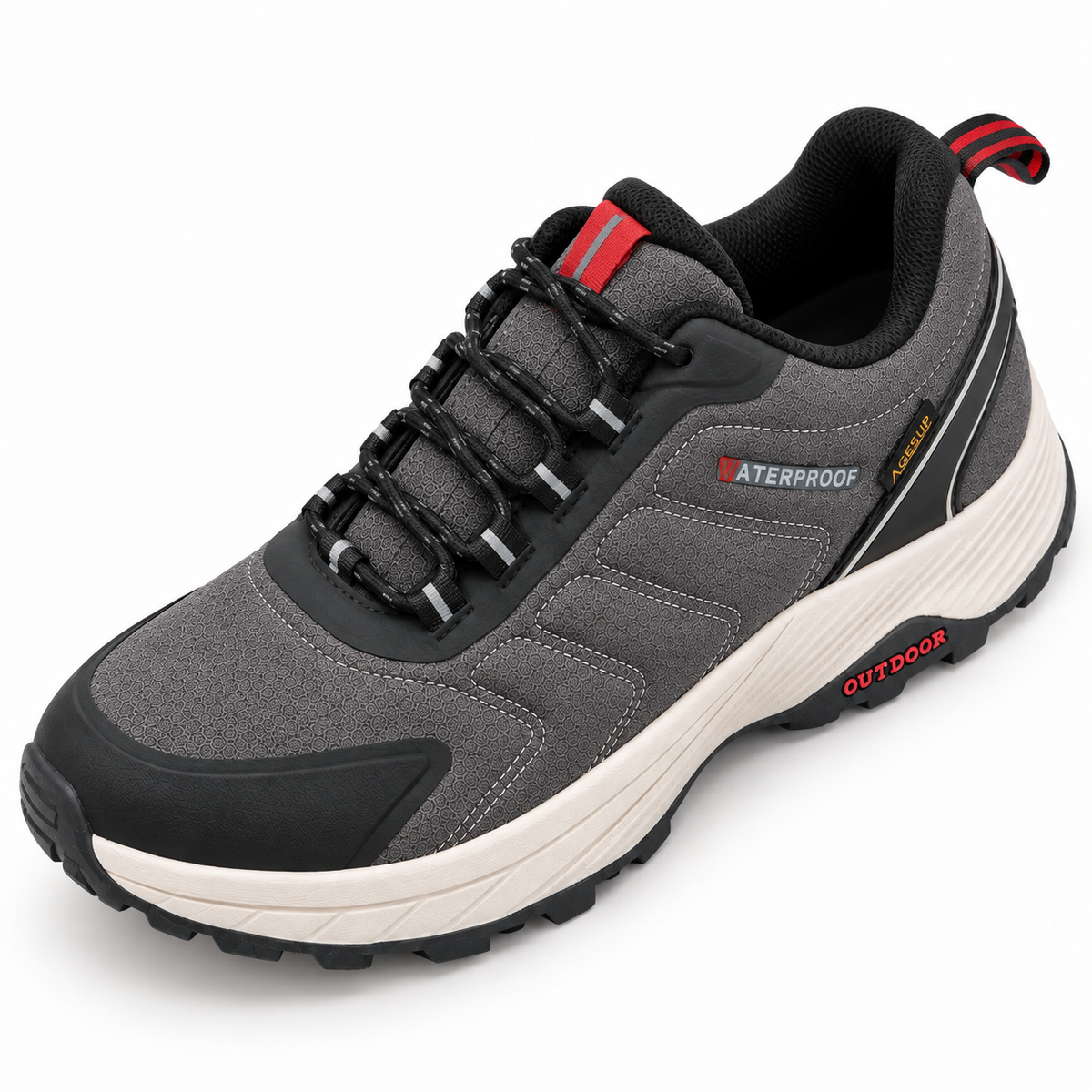 Chaussure randonnée synthétique grise vue du dessus sur fond blanc chaud, chaussant et laçage visibles