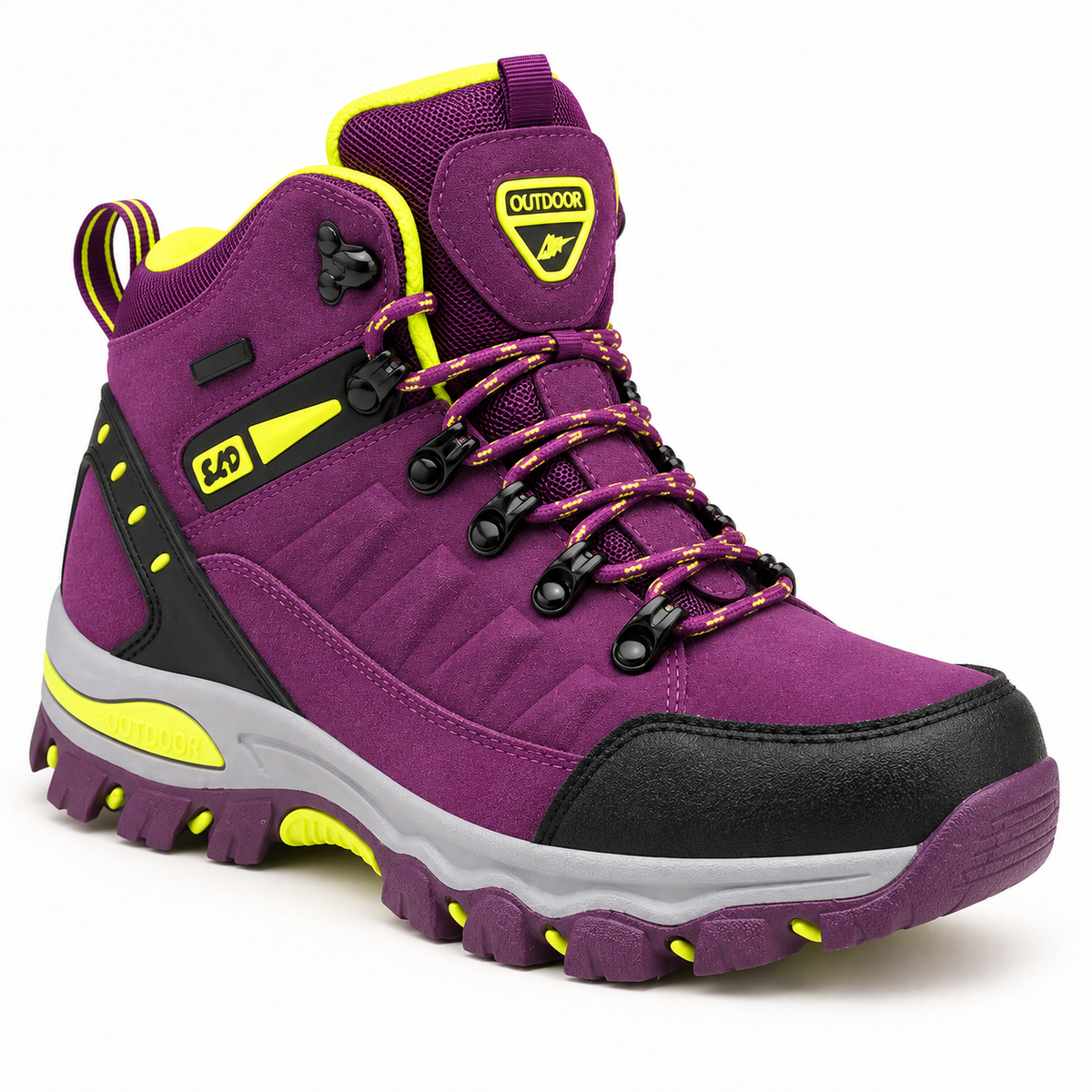 Chaussure randonnée violette et jaune complète – pare-pierres noir enveloppant vu de face