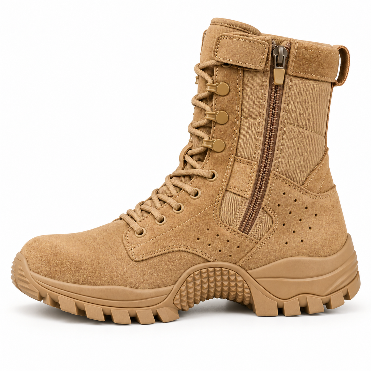 Chaussure randonnée zip sable complète vue de profil sur fond blanc chaud