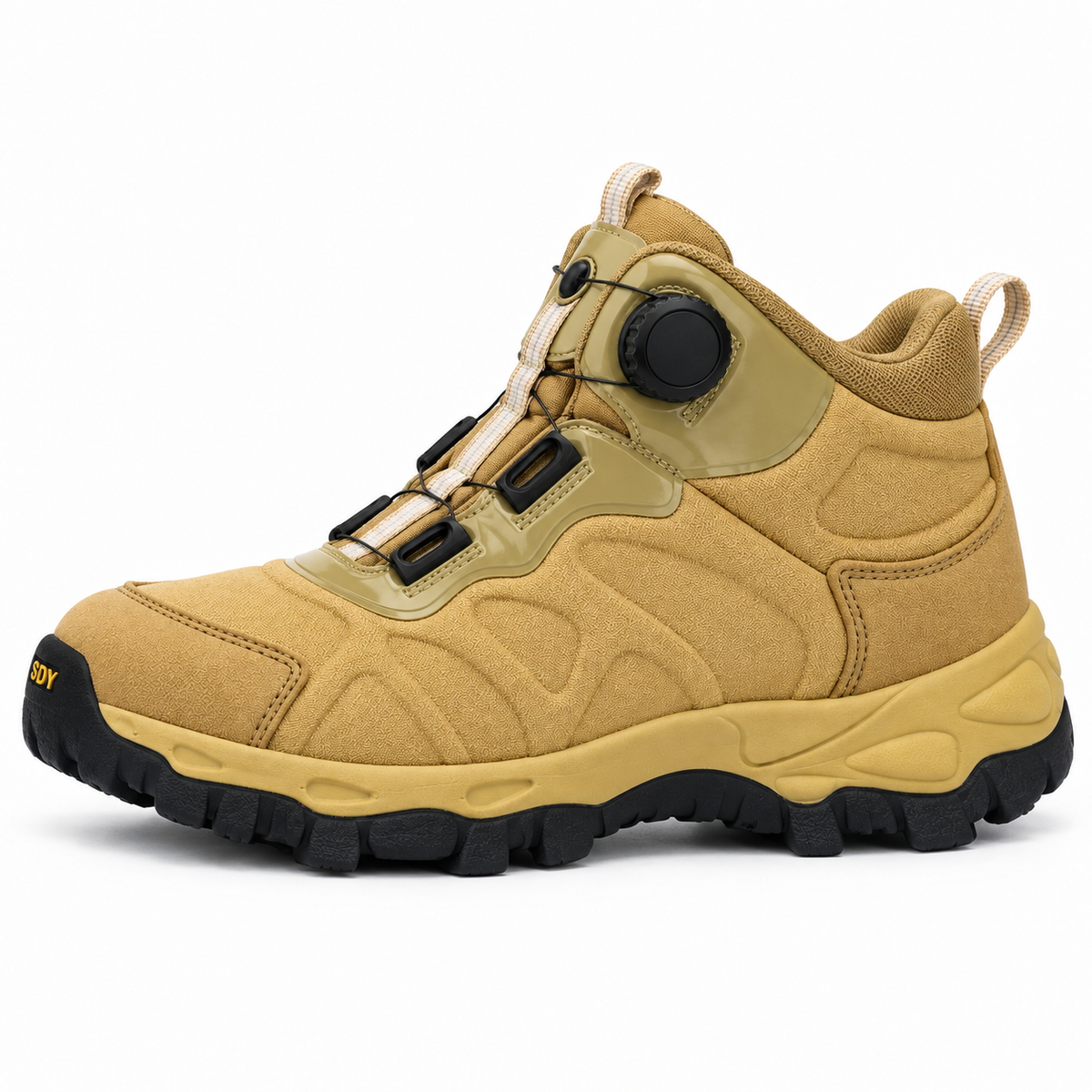 Chaussure style randonnée homme kaki complète vue de profil, tige et épaisseur de semelle visibles