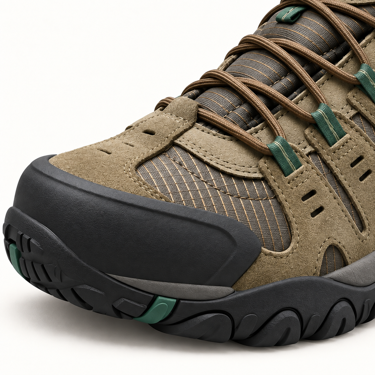 Chaussure randonnée en toile homme kaki détail du pare-pierres avant