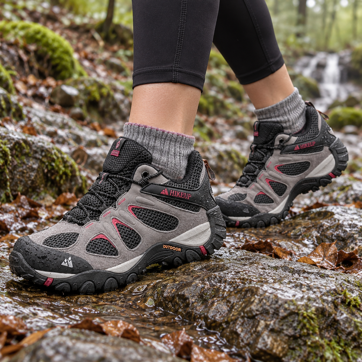 Chaussures randonnée basses imperméables femme grises portées sur sentier humide