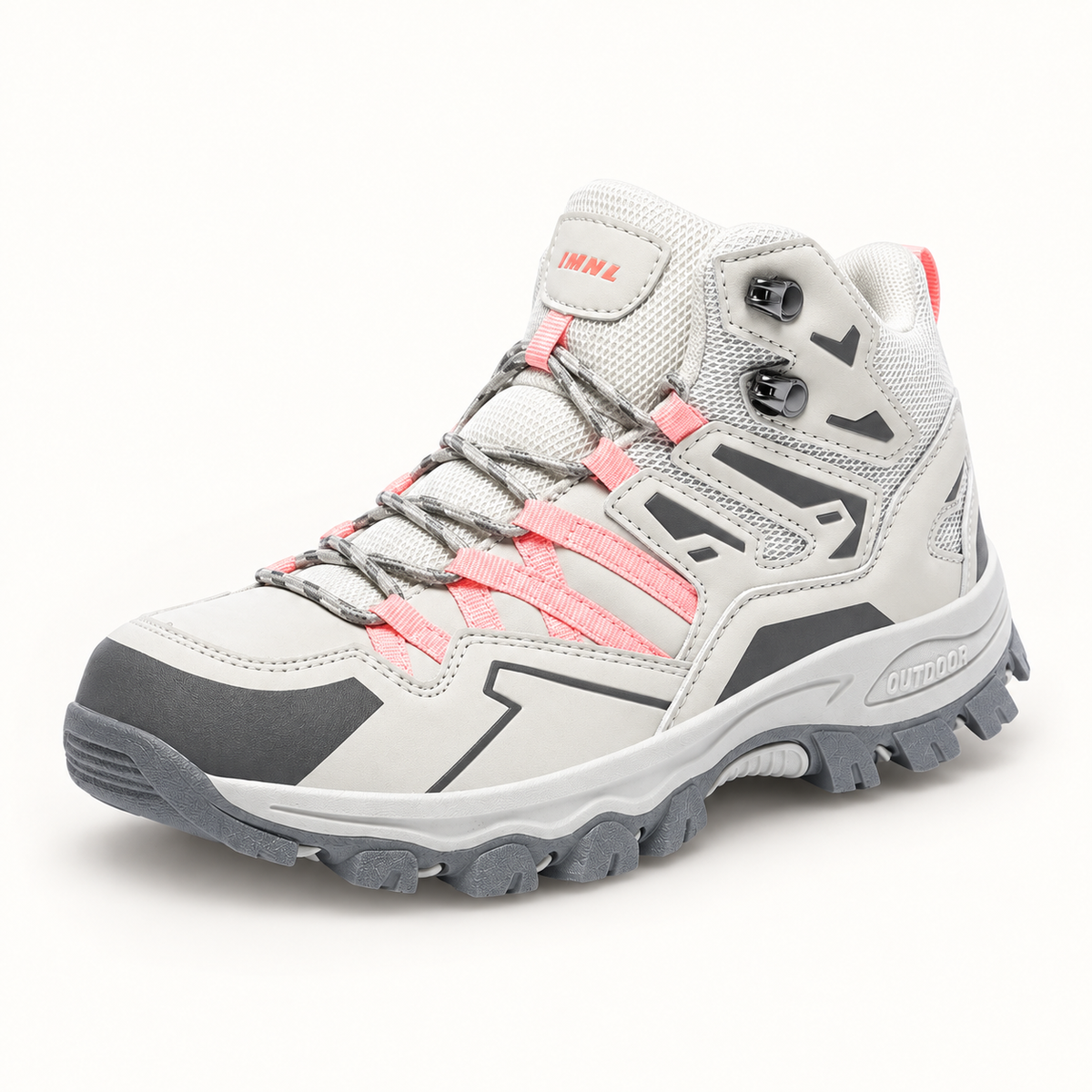 Chaussures randonnée femme beige et rose – vue trois-quarts sur fond blanc chaud