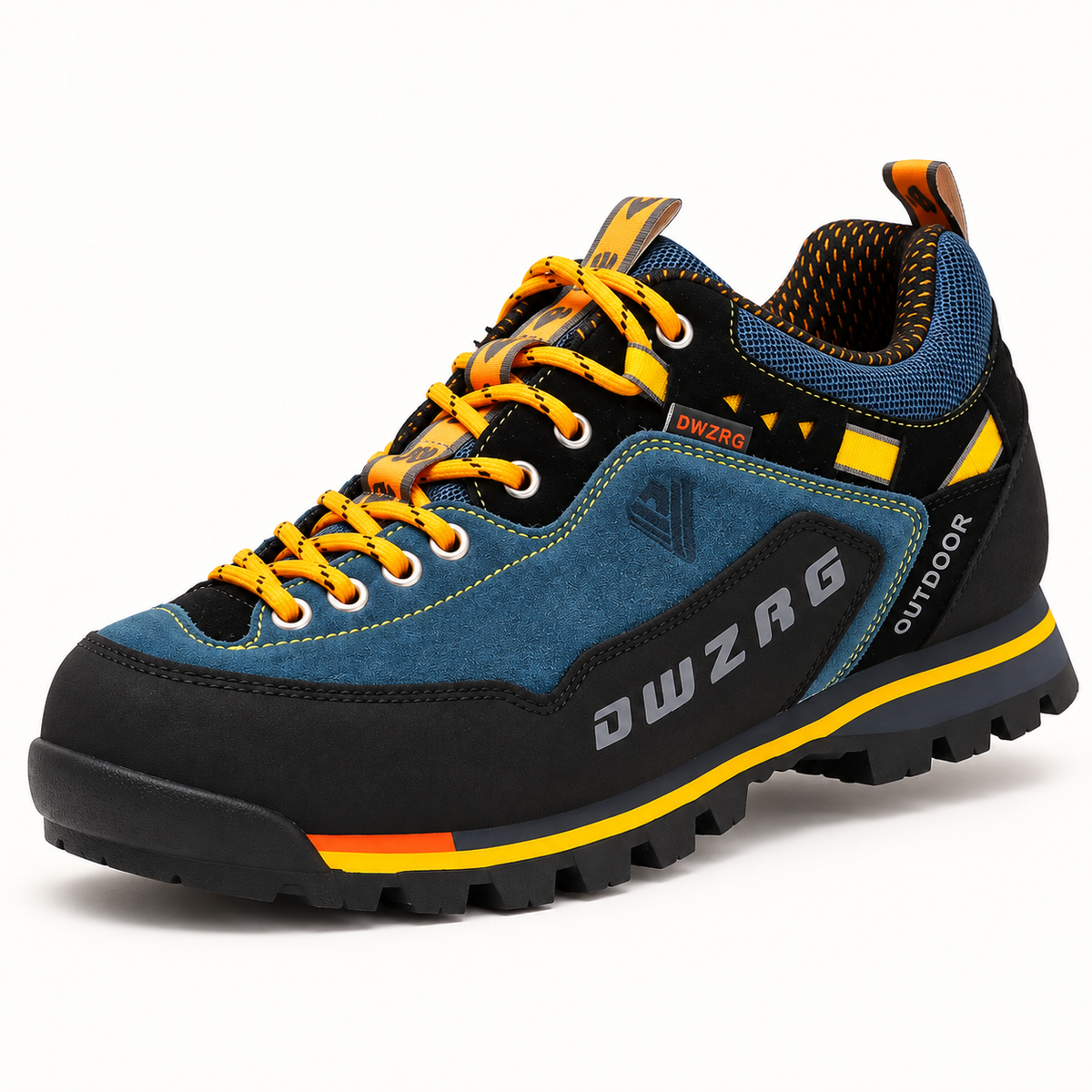 Chaussure randonnée jaune vue avant trois-quarts montrant volume et protection des orteils