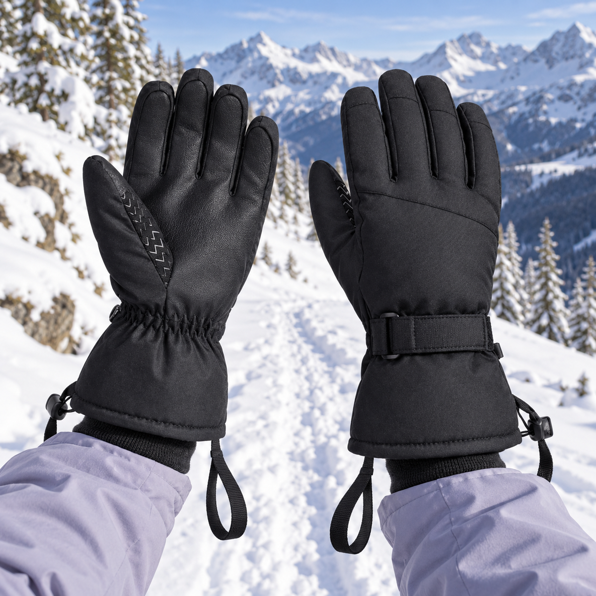 Gant ski de randonnée femme — paire portée sur sentier enneigé