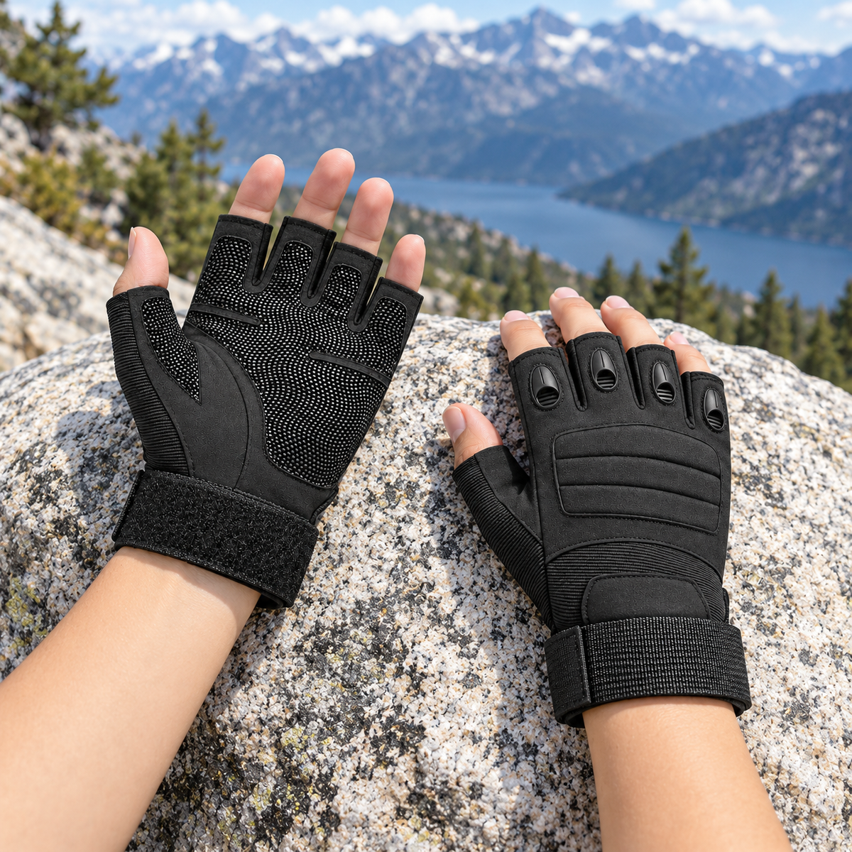 Gants tactiques femme noirs portés sur granite en montagne