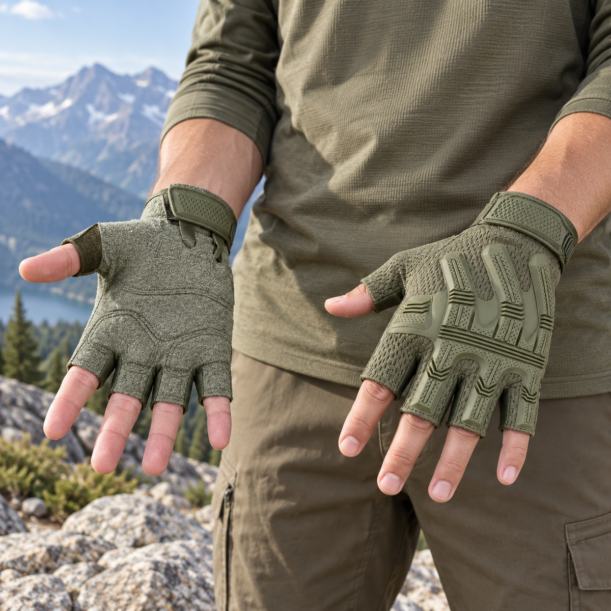 Gants fins vert armée portés en randonnée alpine – deux mains entièrement visibles