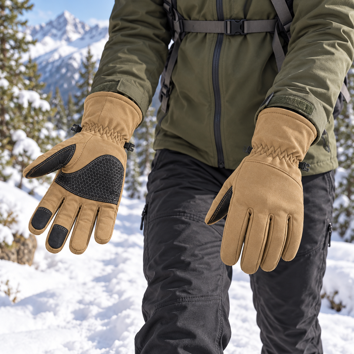 Gants imperméables randonnée jaune sable portés sur sentier enneigé
