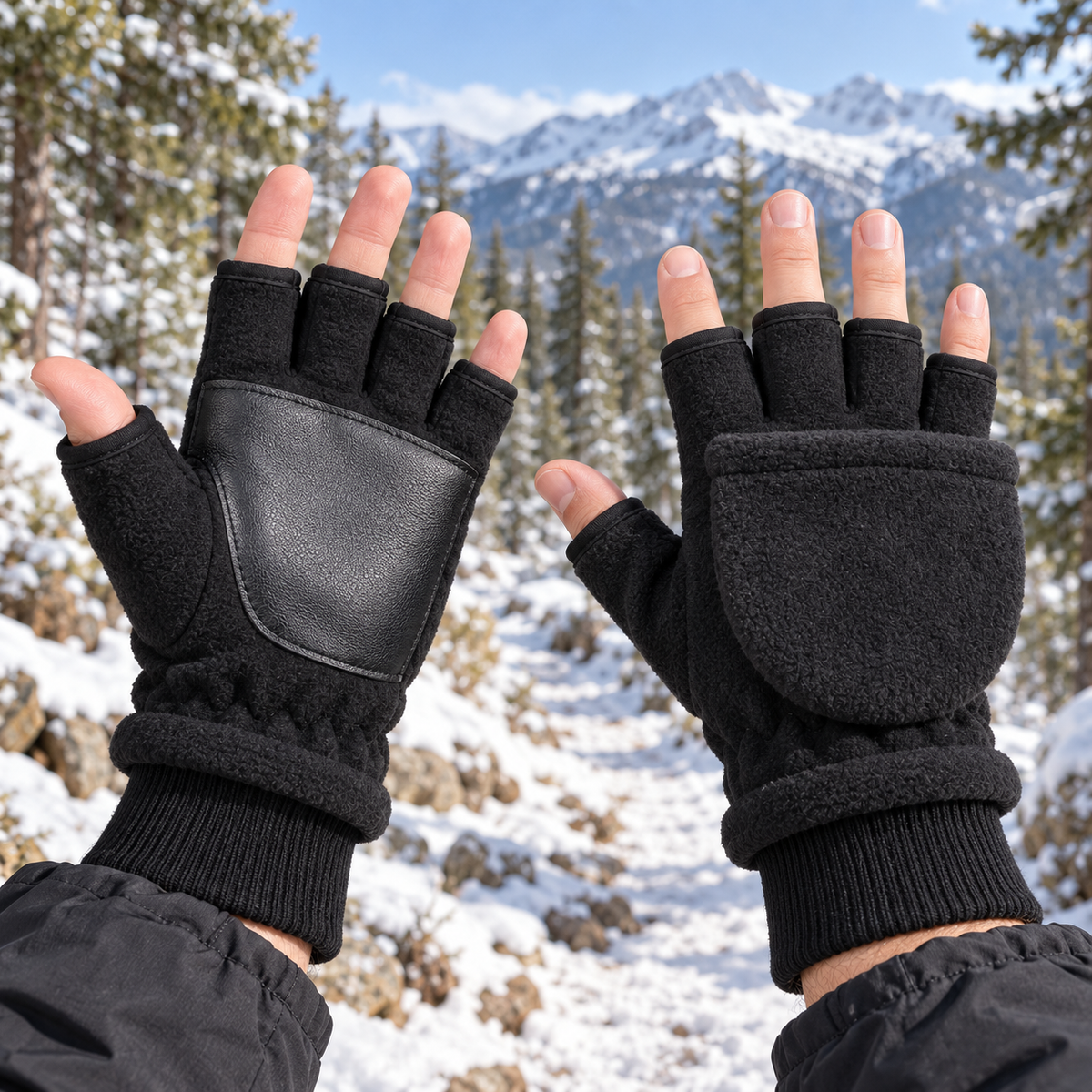 Gants moufles noirs portés ouverts sur un sentier enneigé