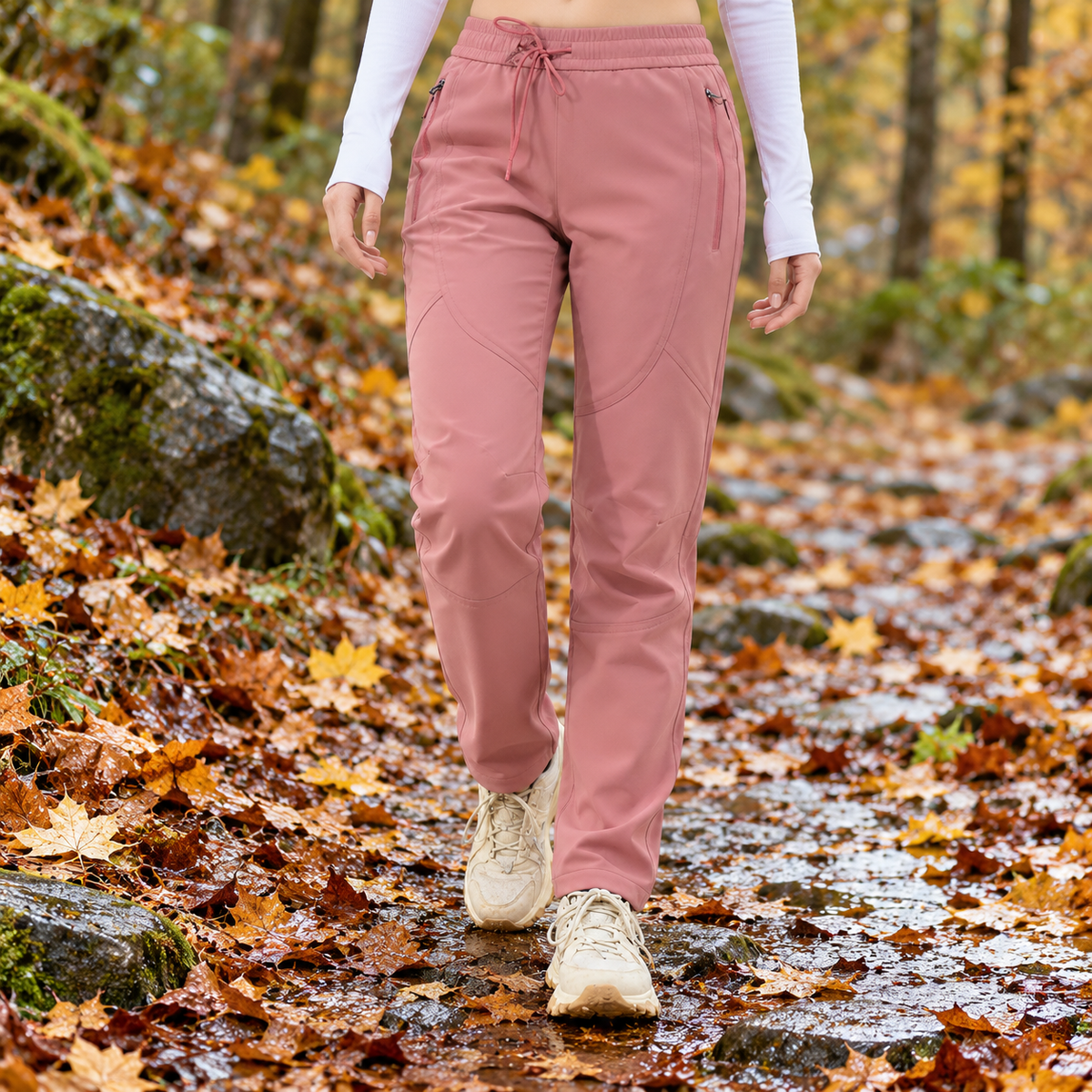 Pantalon randonnée automne femme rose poudré en marche en forêt