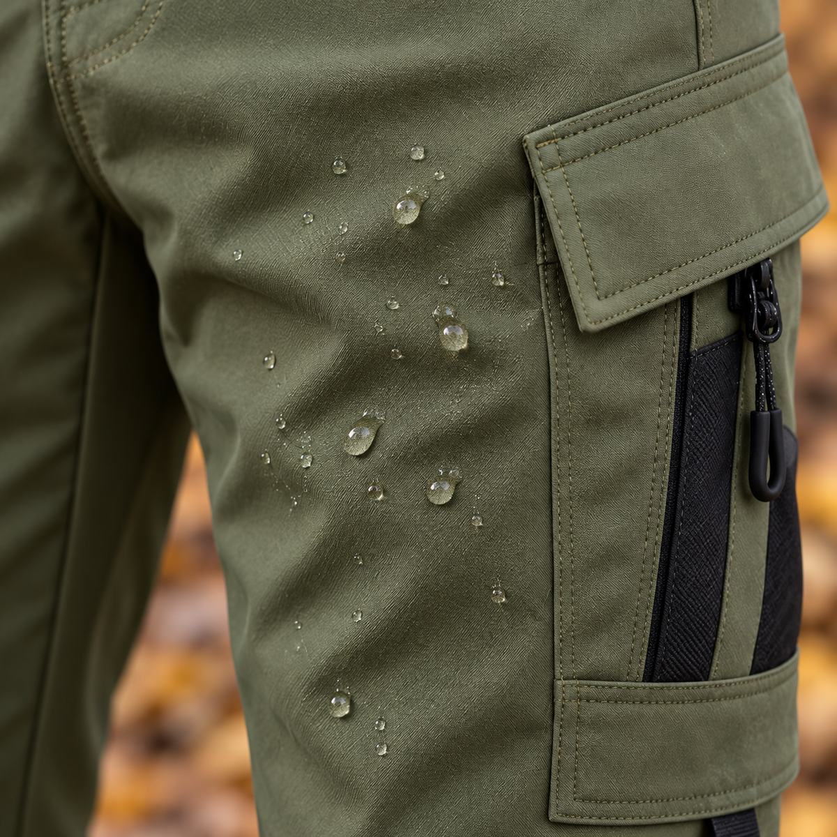 Pantalon randonnée automne homme vert — gouttes perlantes sur le tissu