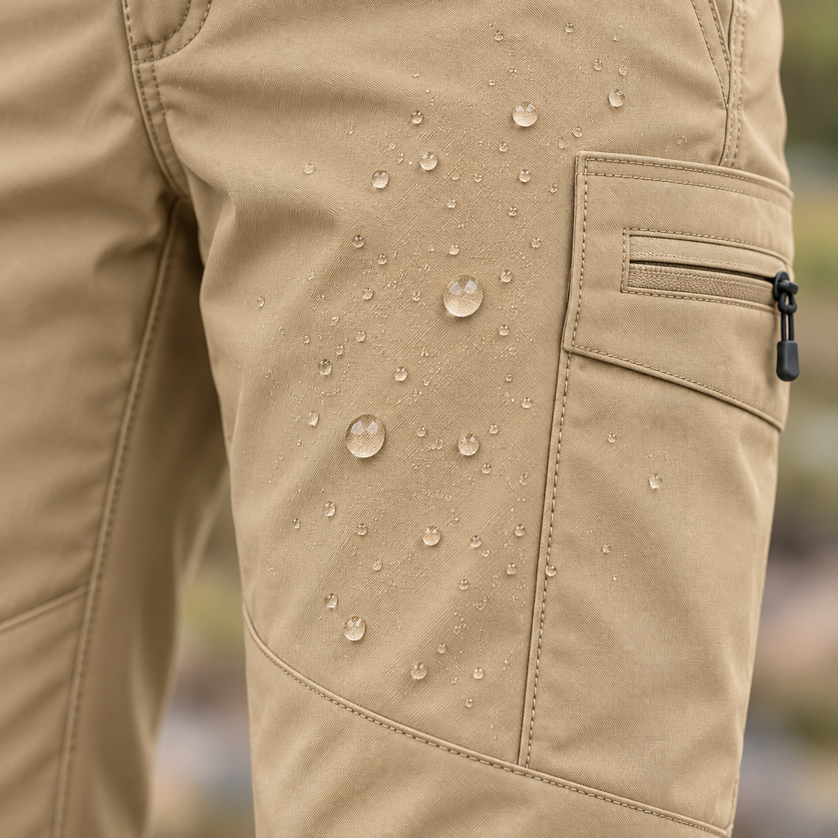 Pantalon randonnée beige kaki — gouttes perlantes sur le tissu