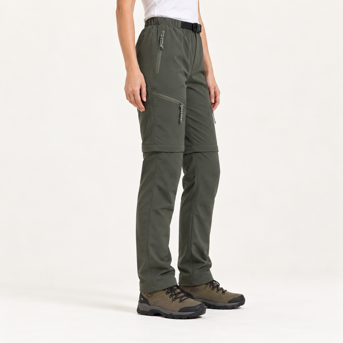 Pantalon randonnée modulable femme vert olive vue de profil