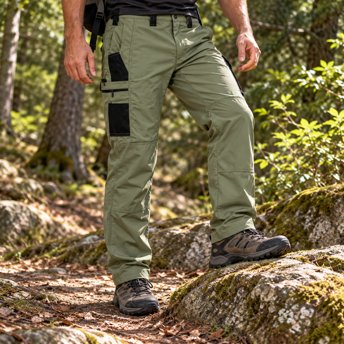 Pantalon randonnée multi poches kaki en mouvement