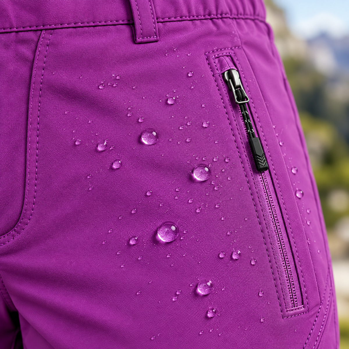 Gouttes sur le tissu du pantalon randonnée slim femme violet