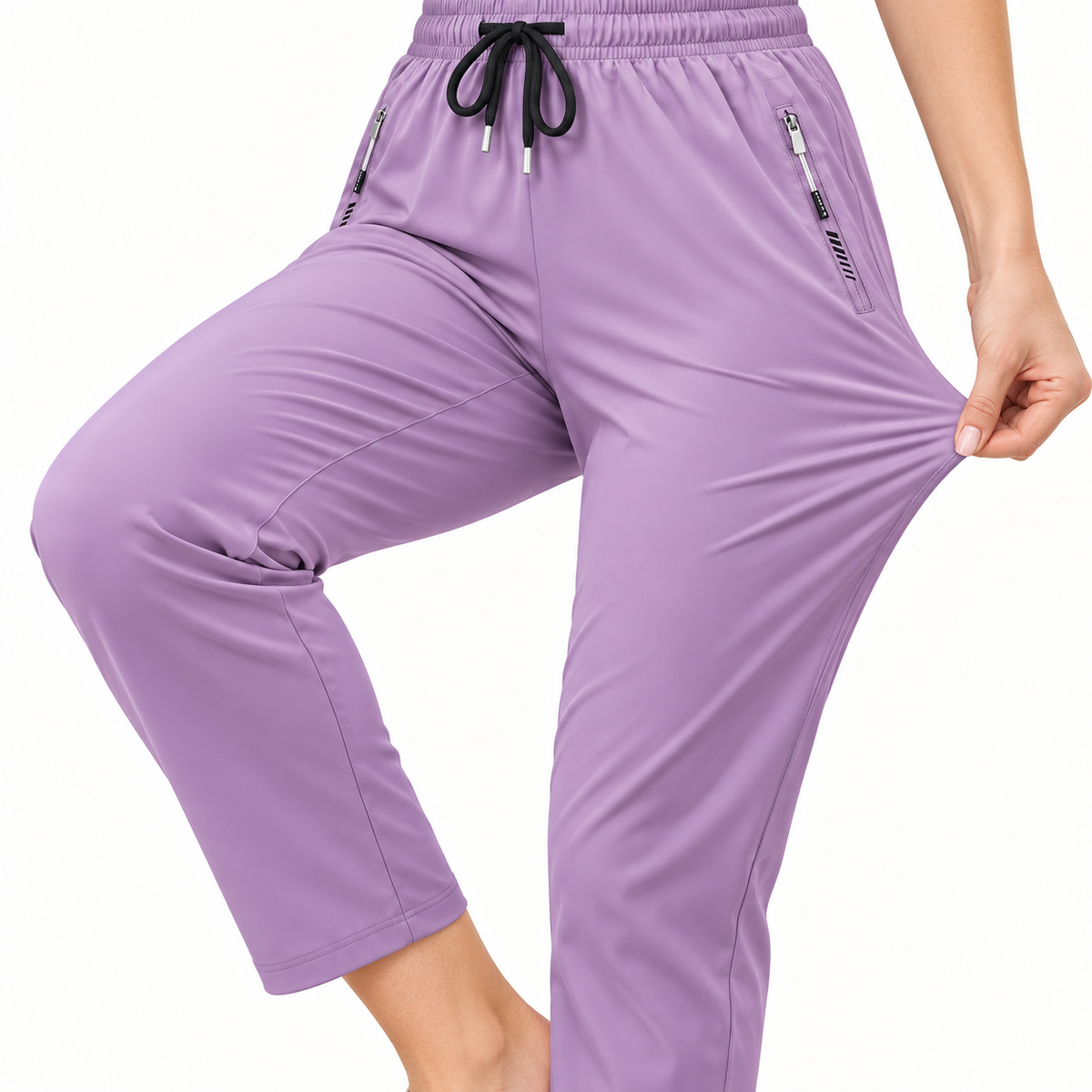 Pantalon randonnée stretch femme violet — détail élasticité