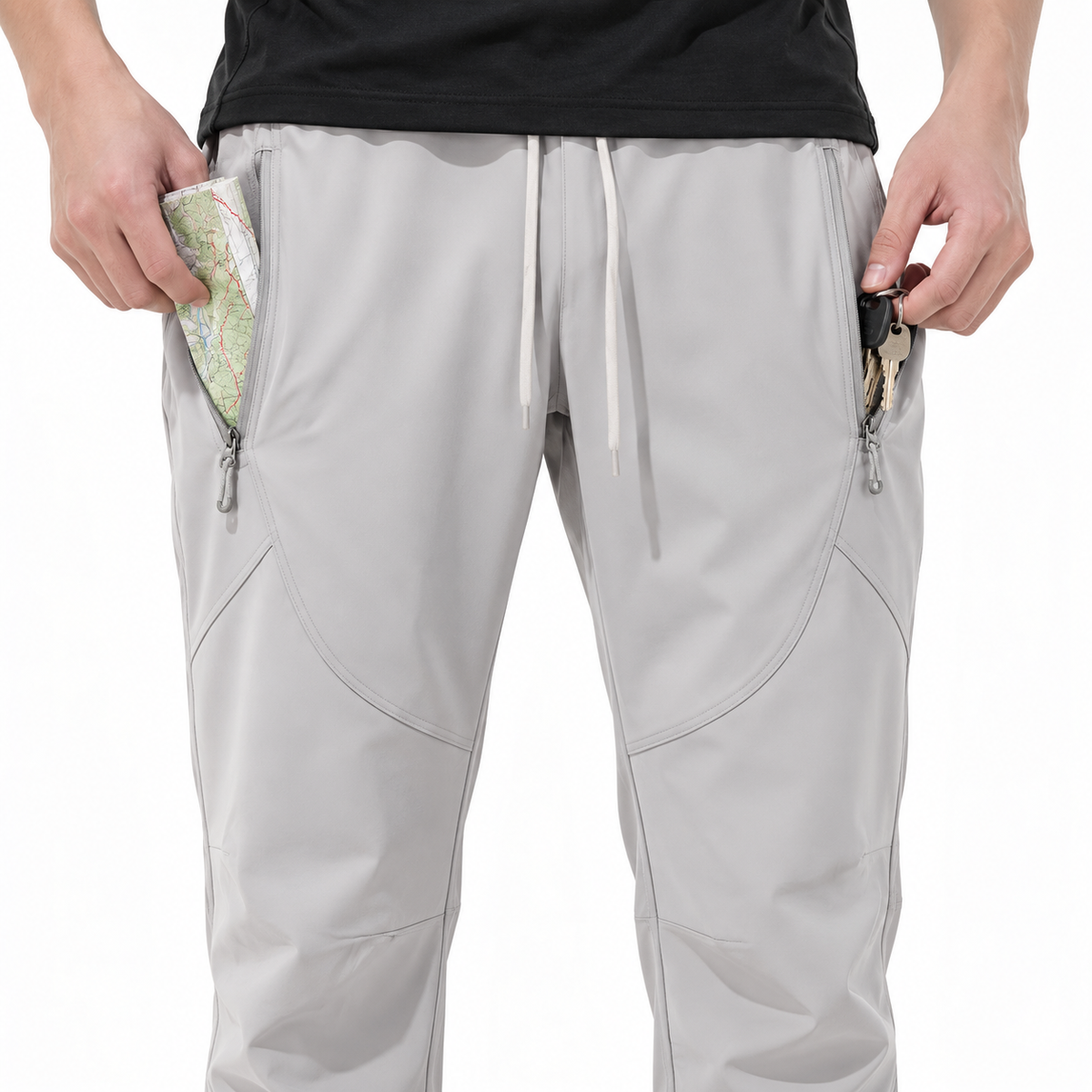 Poches zippées du pantalon toile fine homme