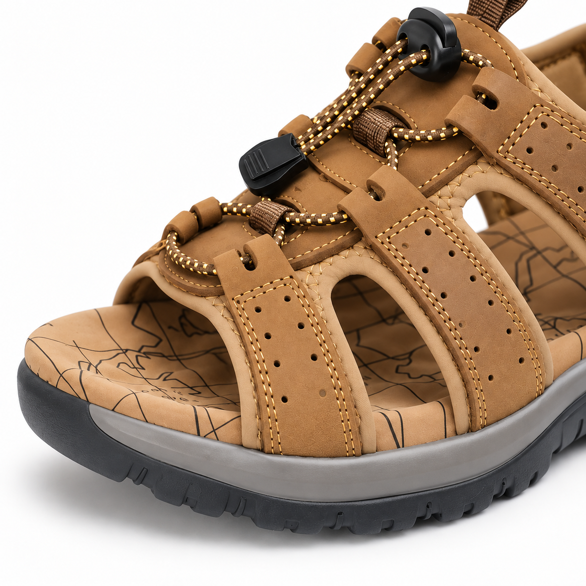 Sandale kaki femme marron clair – détail de l’avant ouvert, des brides et de l’assise