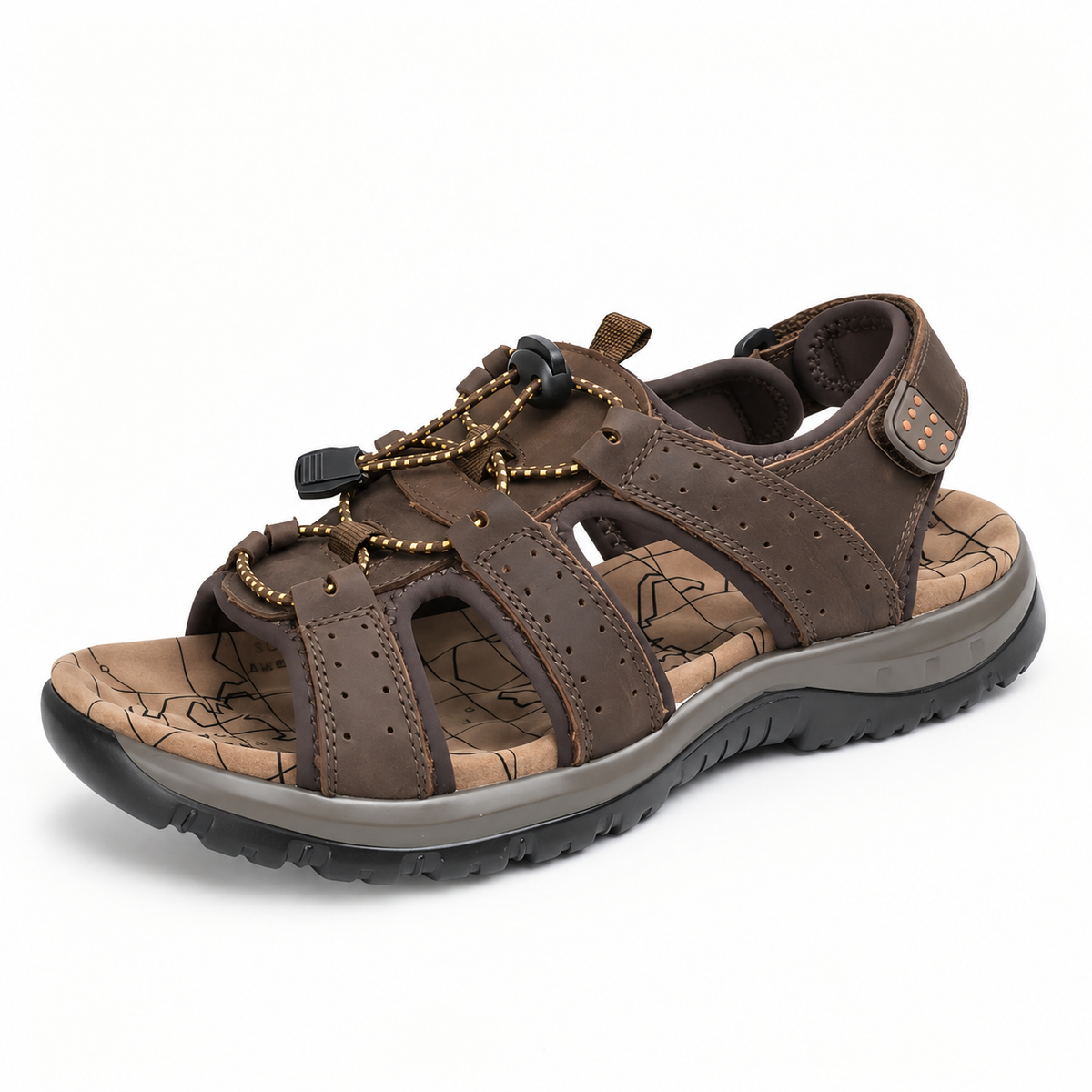 Sandale kaki femme marron foncé – vue trois-quarts sur fond blanc chaud