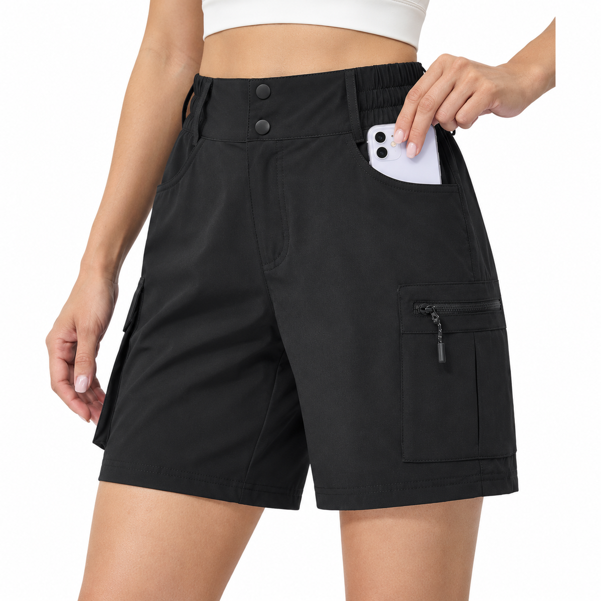 Poches cargo du short noir femme de randonnée