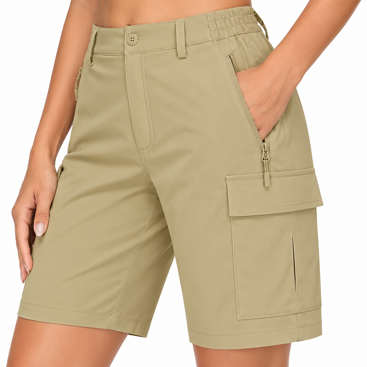 Poches zippées et cargo du Short Twill Randonnée kaki