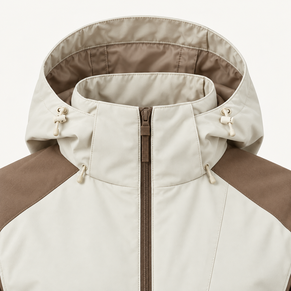 Veste randonnée automne beige – détail de la capuche et du col