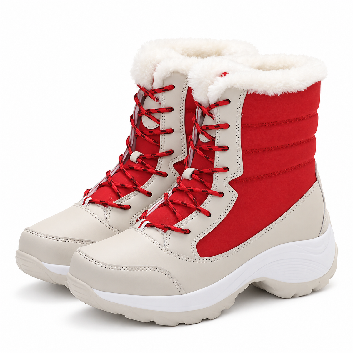 Bottes randonnée neige femme beige et rouge sur fond blanc chaud