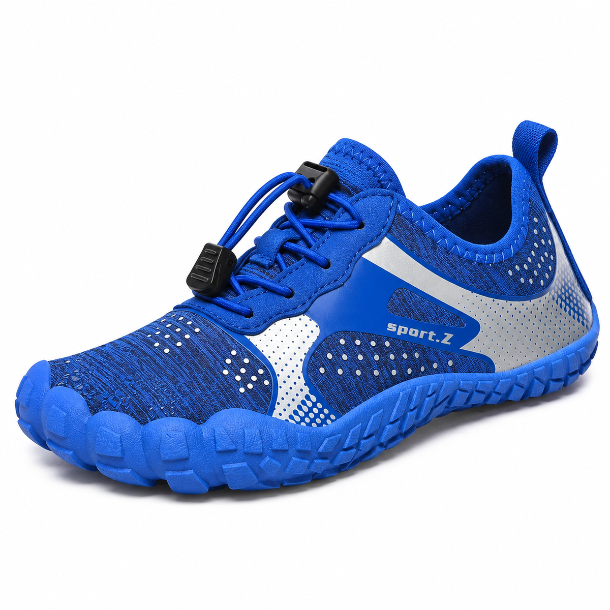 Chaussure barefoot femme randonnée bleue avec semelle enveloppante sur fond blanc chaud