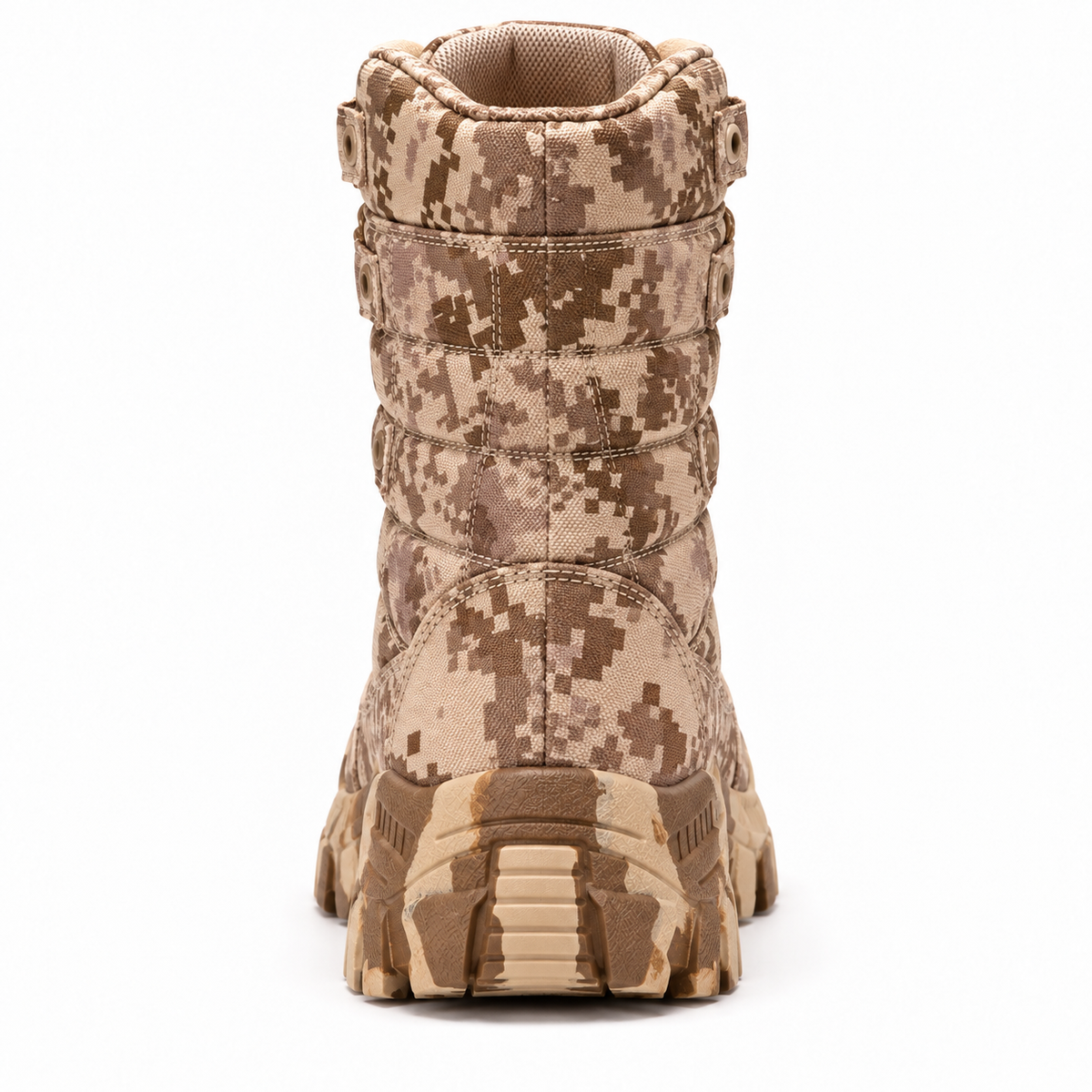Chaussure randonnée camouflage beige vue arrière montrant le talon