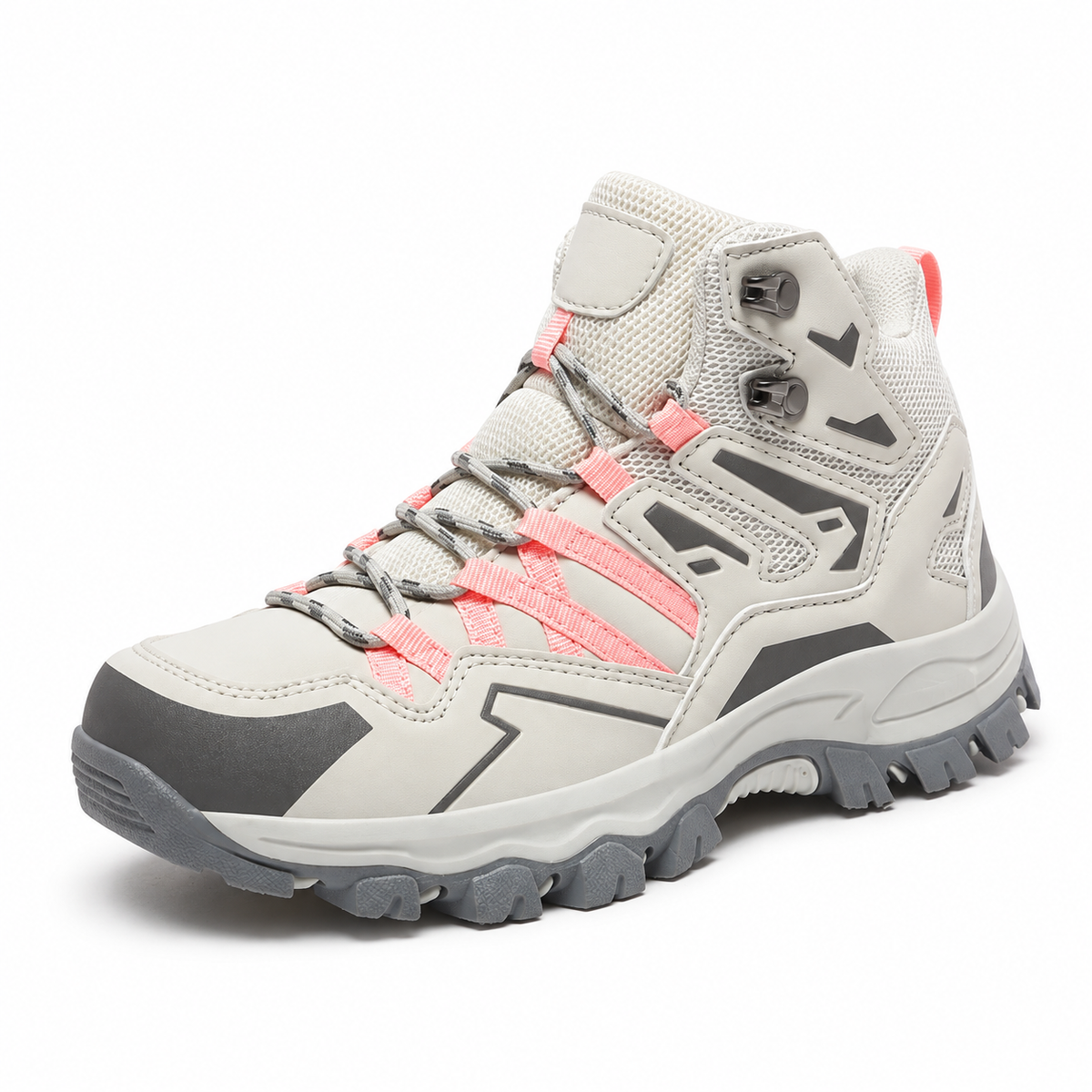 Chaussure randonnée femme pour chevilles fragiles rose en vue trois-quarts sur fond blanc chaud