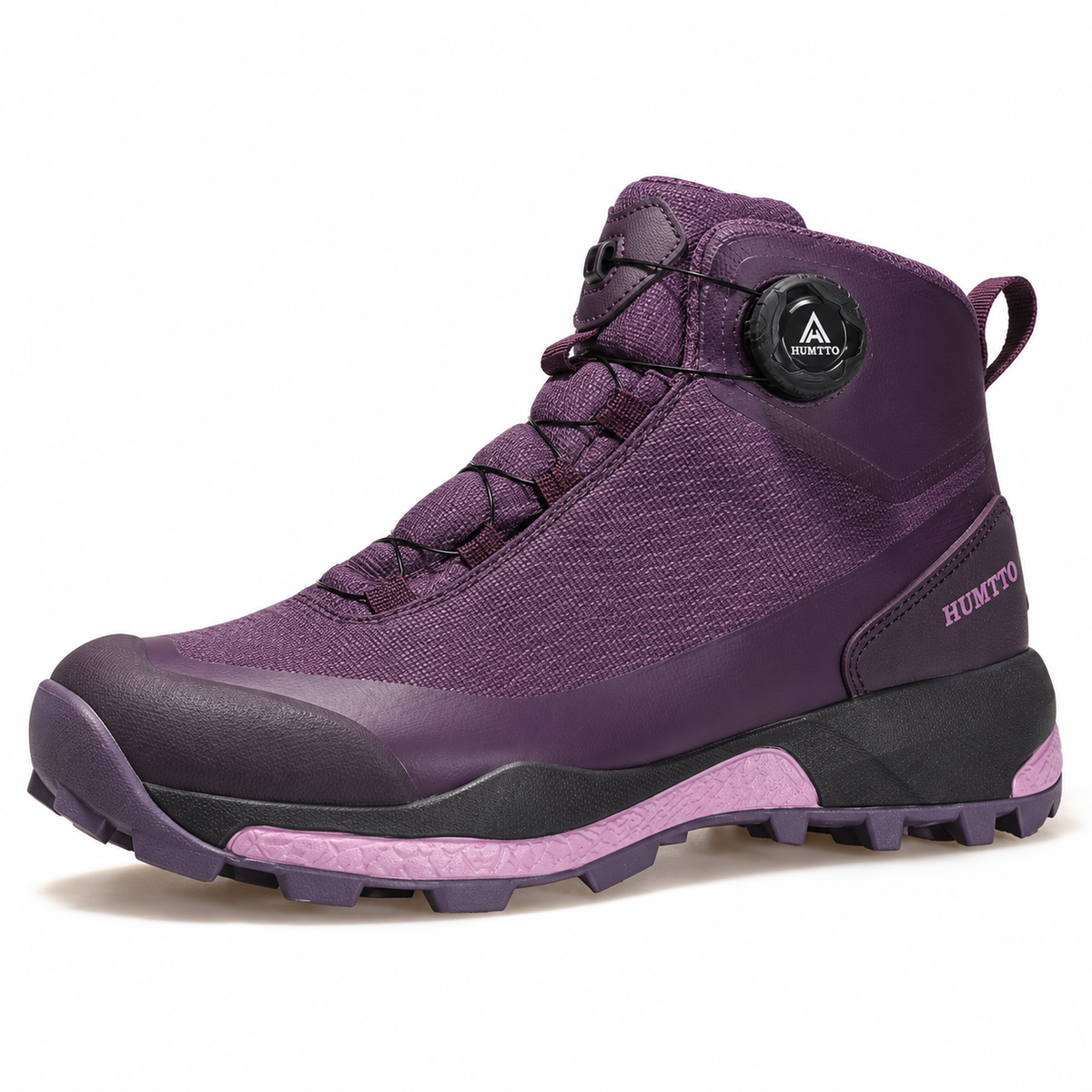 Chaussure de randonnée femme orthopédique violette en vue trois-quarts sur fond blanc chaud