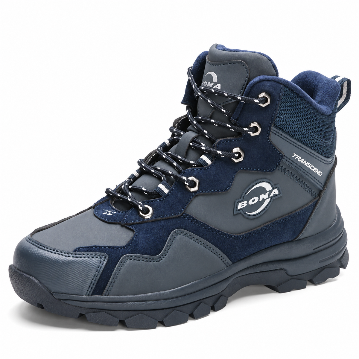 Chaussure randonnée grande taille bleue – vue trois-quarts sur fond blanc