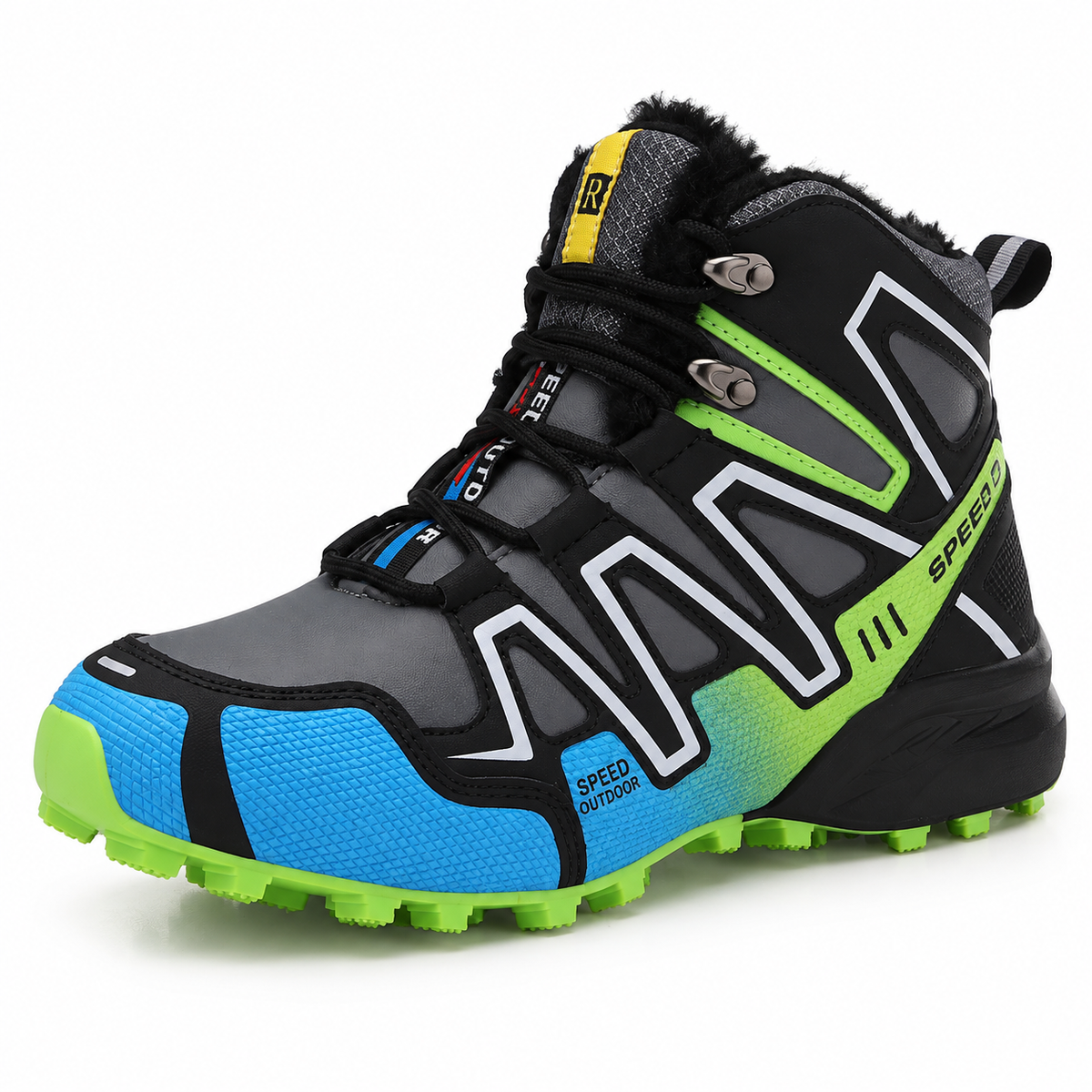 Chaussure randonnée hiver homme bleue et verte – vue trois-quarts sur fond blanc
