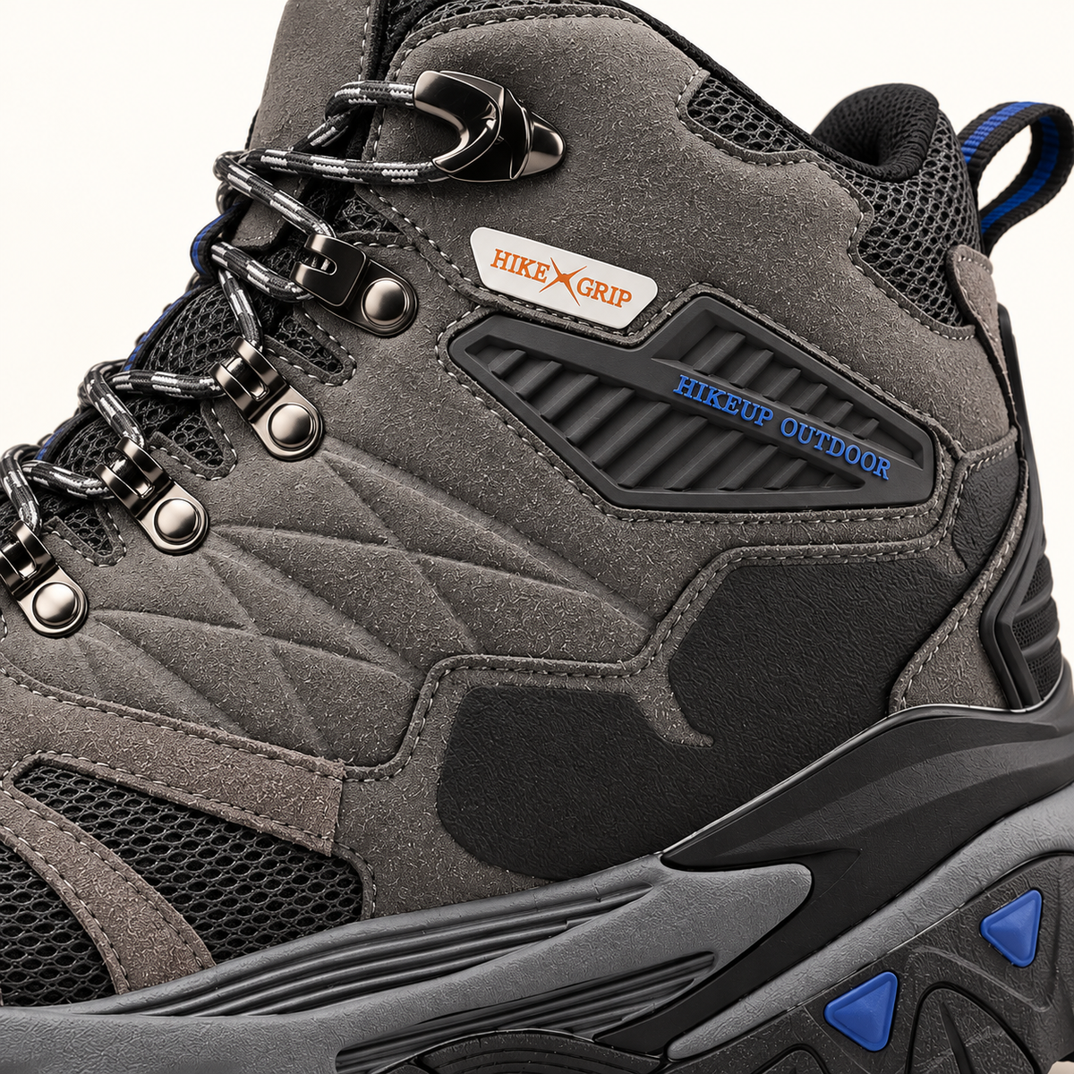 Chaussure randonnée homme haut de gamme grise – détail finitions et matières