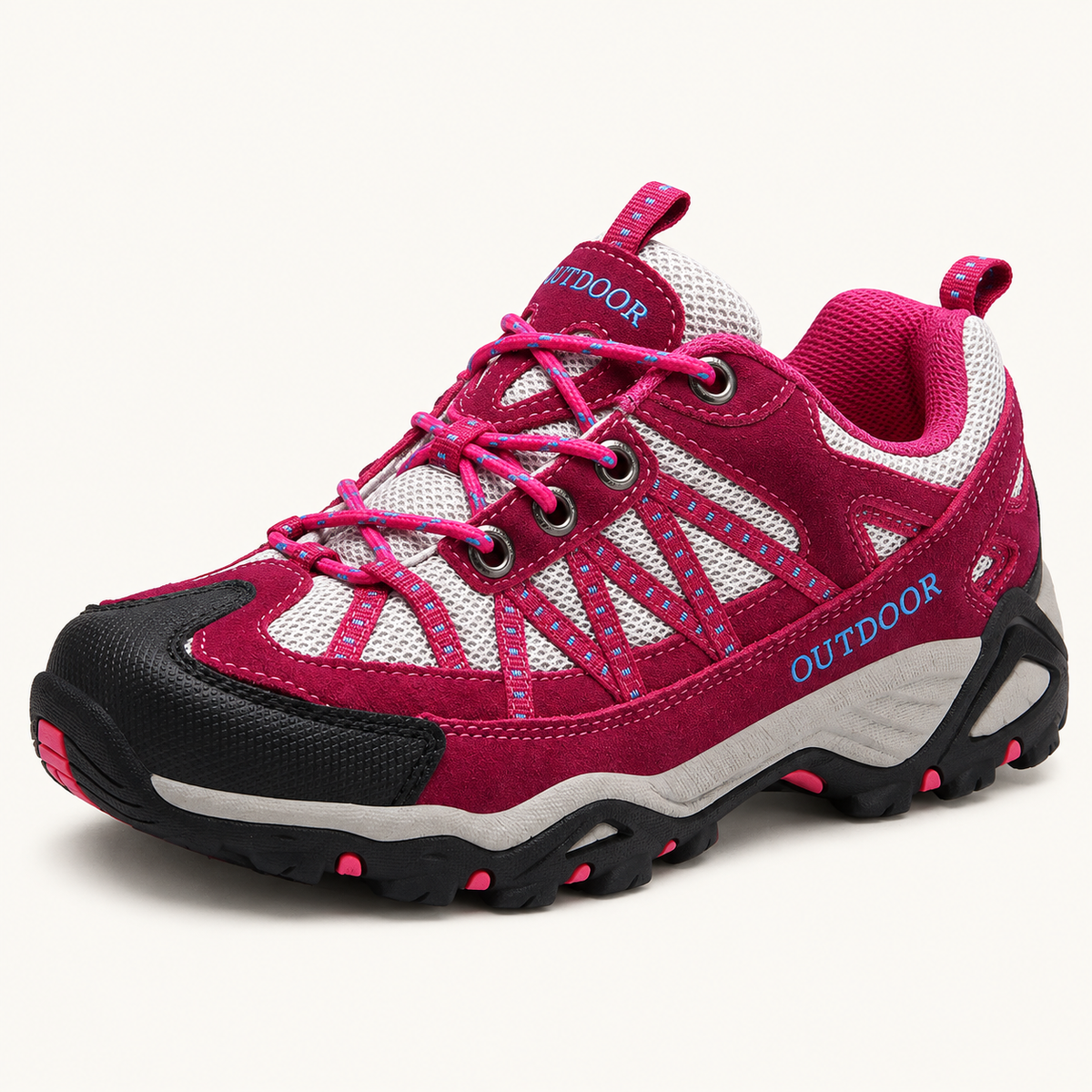 Chaussure randonnée légère et polyvalente rose framboise sur fond blanc