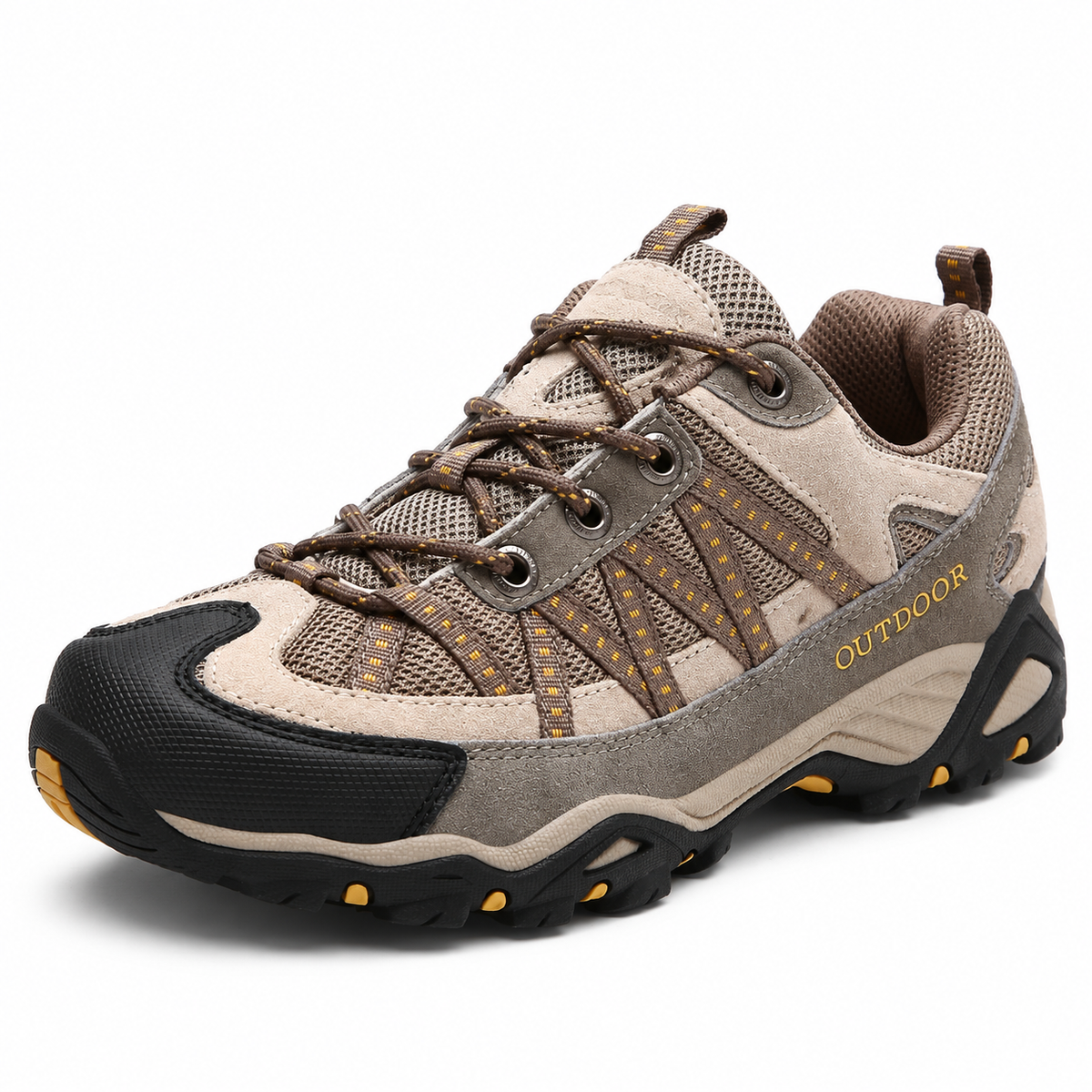 Chaussure randonnée mailles beige en vue trois-quarts sur fond blanc chaud