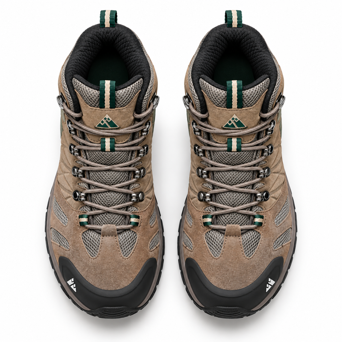 Paire complète de chaussures randonnée militaires kaki vue du dessus avec ouvertures et laçage