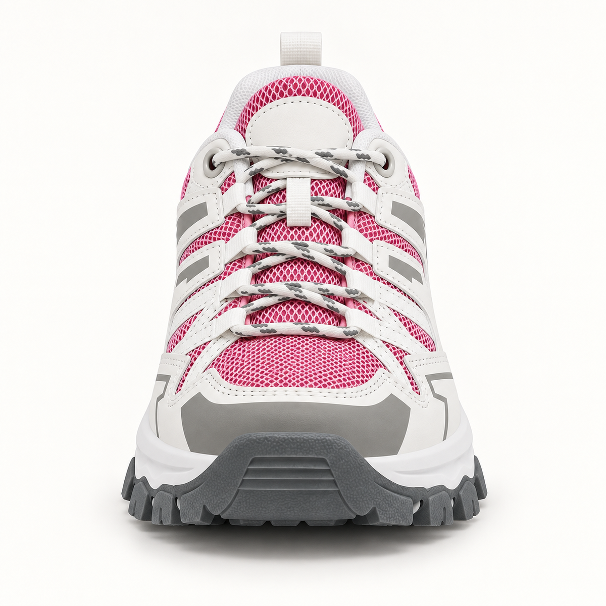 Chaussure randonnée pieds sensibles rose grise – volume avant-pied vue frontale