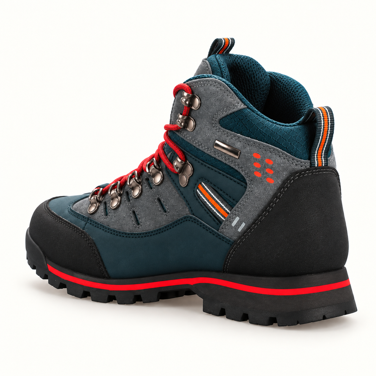 Chaussure randonnée rouge homme vue arrière trois-quarts, talon et col rembourré visibles