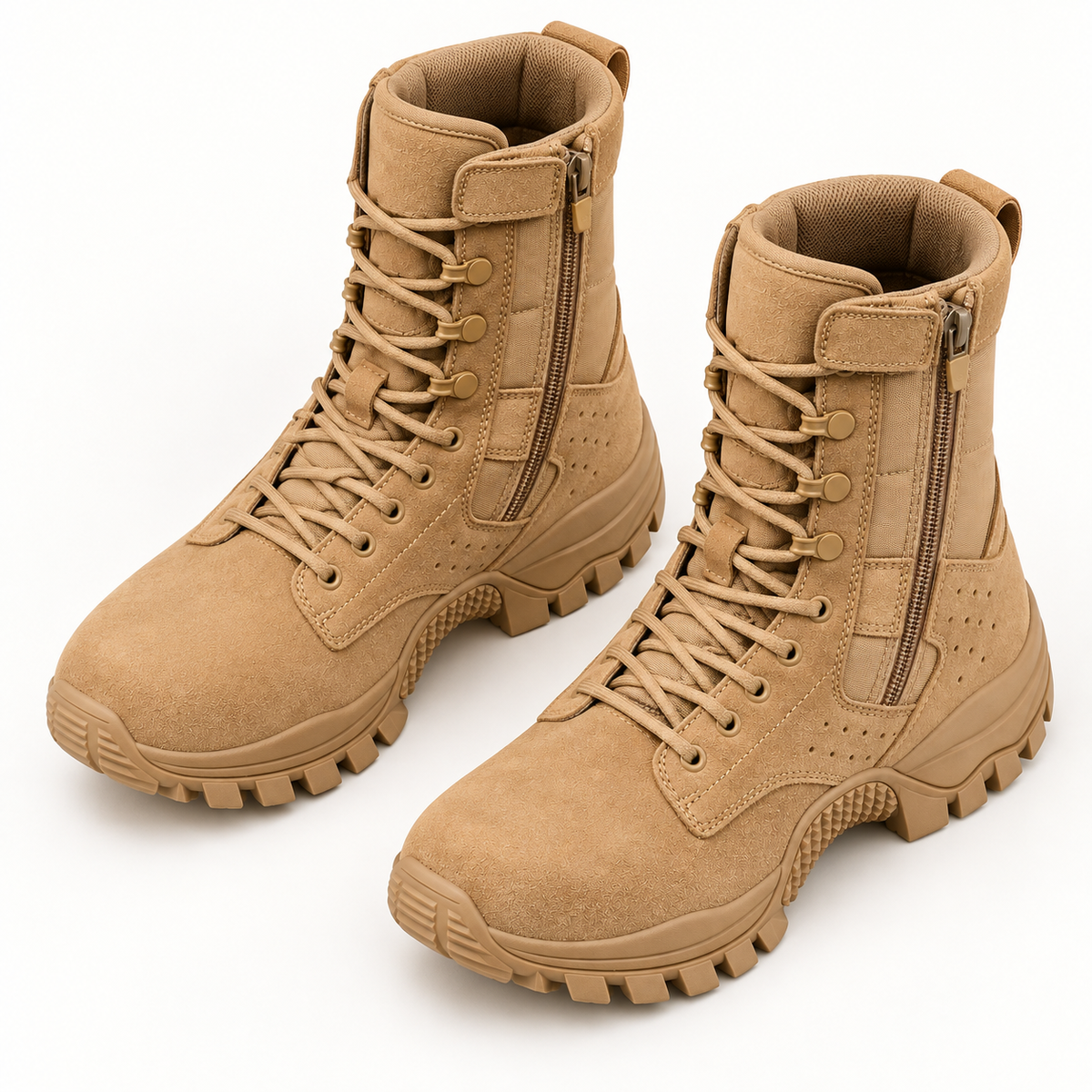Paire complète de chaussures randonnée zip sable montrant ouvertures laçage et zips