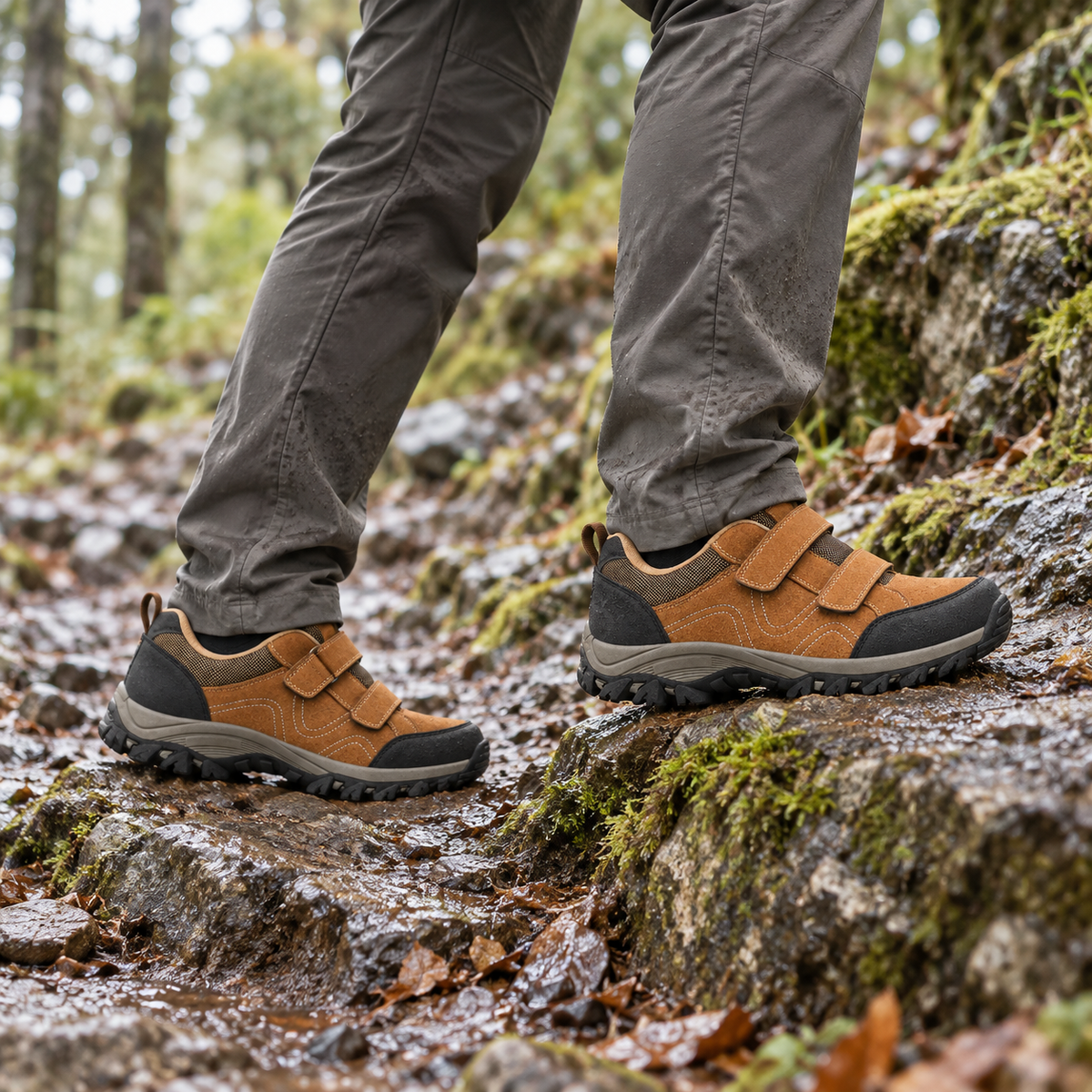Paire de chaussures de randonnée avec scratch kaki portée sur sentier humide